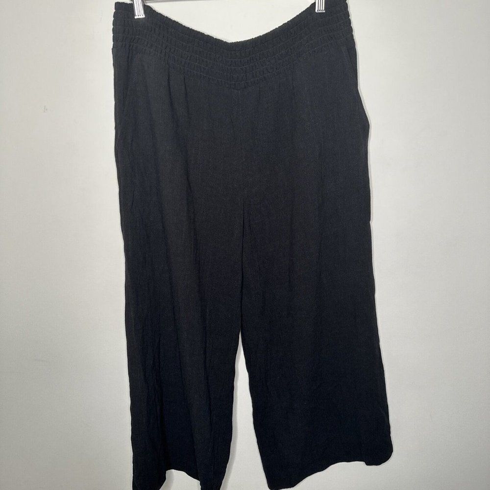 Womens Pull On Pants Size L Black Linen Elastic Waist Pockets Wide Leg Lagenlook